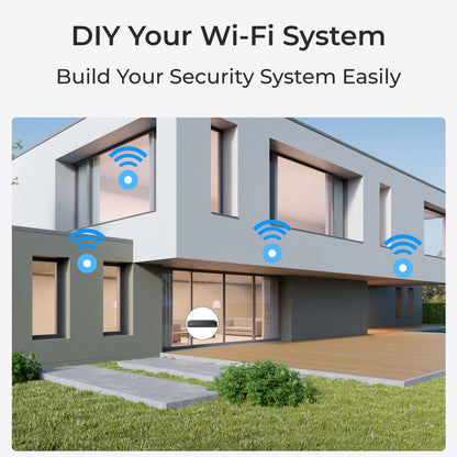 Reolink W320 trådløst 5 MP udendørs overvågningskamera ved moderne hus, Wi-Fi-symboler på vindue og dør.