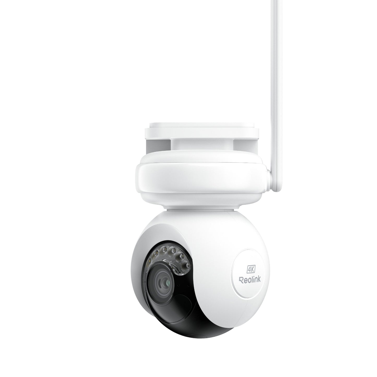 Reolink Altas PT Ultra trådløst overvågningskamera, hvid, kuppelform, synlig linse, infrarøde LED'er, én antenne.