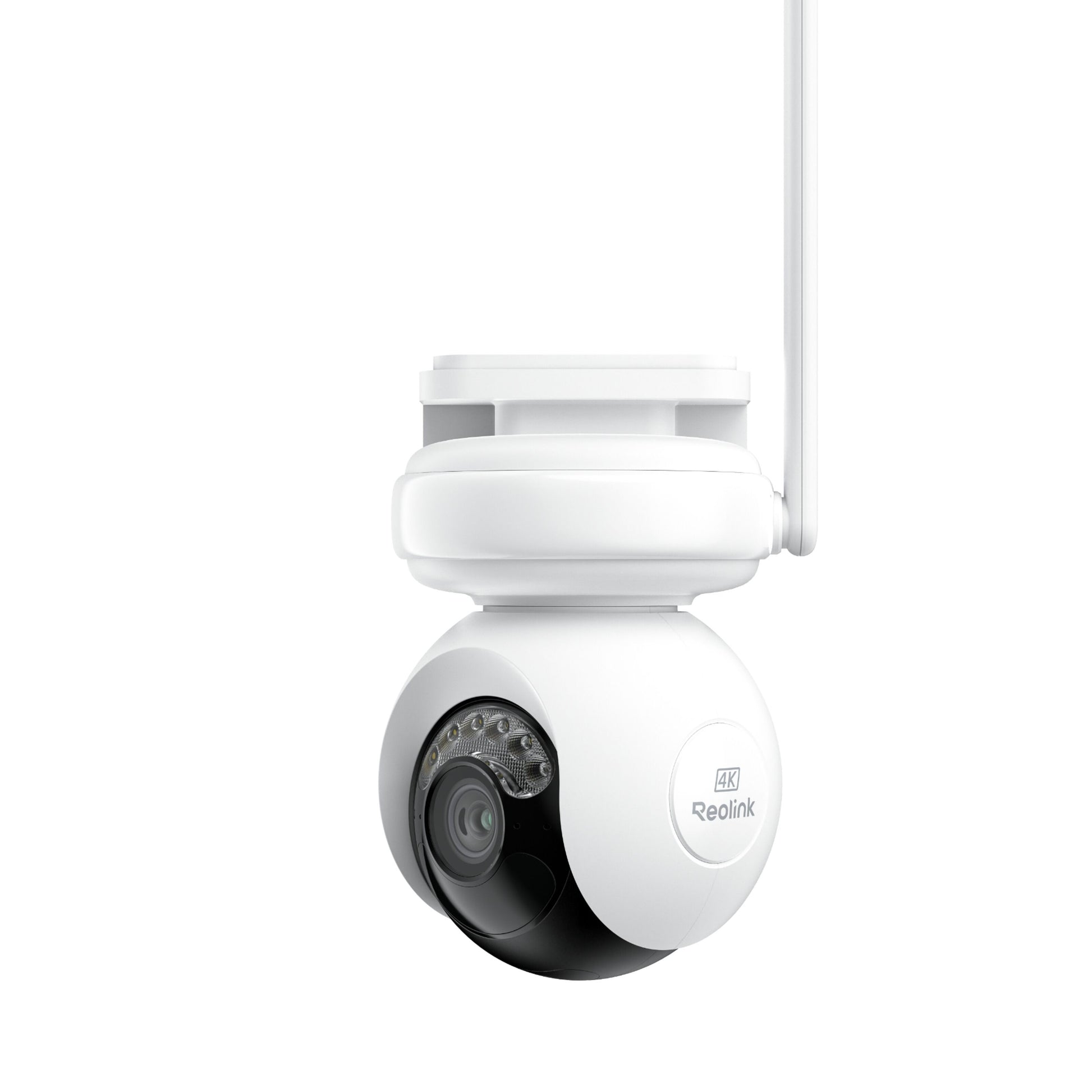 Reolink Altas PT Ultra trådløst overvågningskamera, hvid, kuppelform, synlig linse, infrarøde LED'er, én antenne.