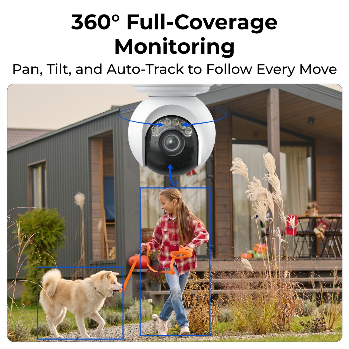 Reolink Altas PT Ultra trådløs overvågningskamera med automatisk sporing og 360° visning, følger person og hund.