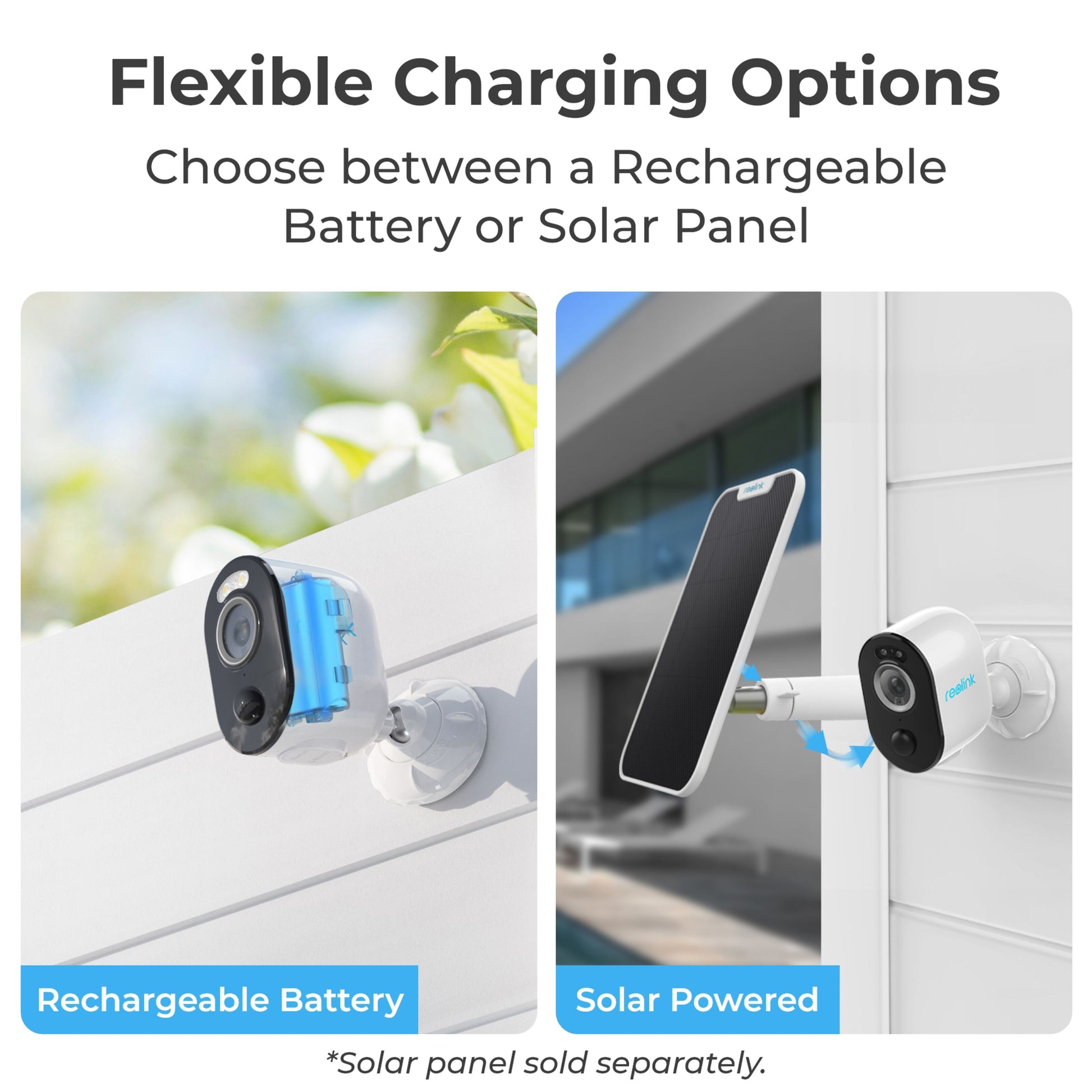 Reolink Argus 3 Pro trådløst overvågningskamera, split-billede med batteri- og solcelleladning, tekst med modelnavn.
