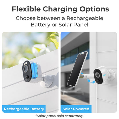 Reolink Argus 3 Pro trådløst overvågningskamera, split-billede med batteri- og solcelleladning, tekst med modelnavn.