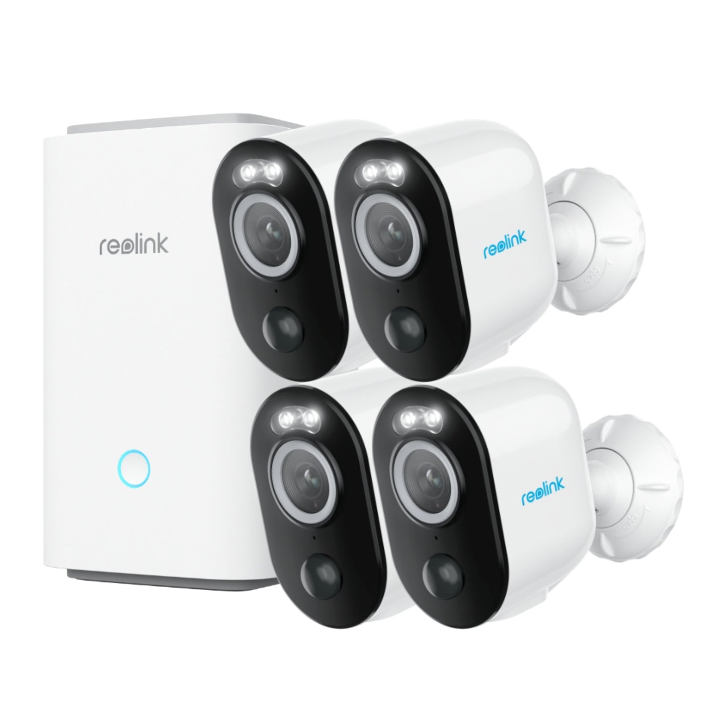 Reolink Home Hub med 4 Argus 3 Pro 2K kamera, hvid/sort, blå LED-indikator på hub.