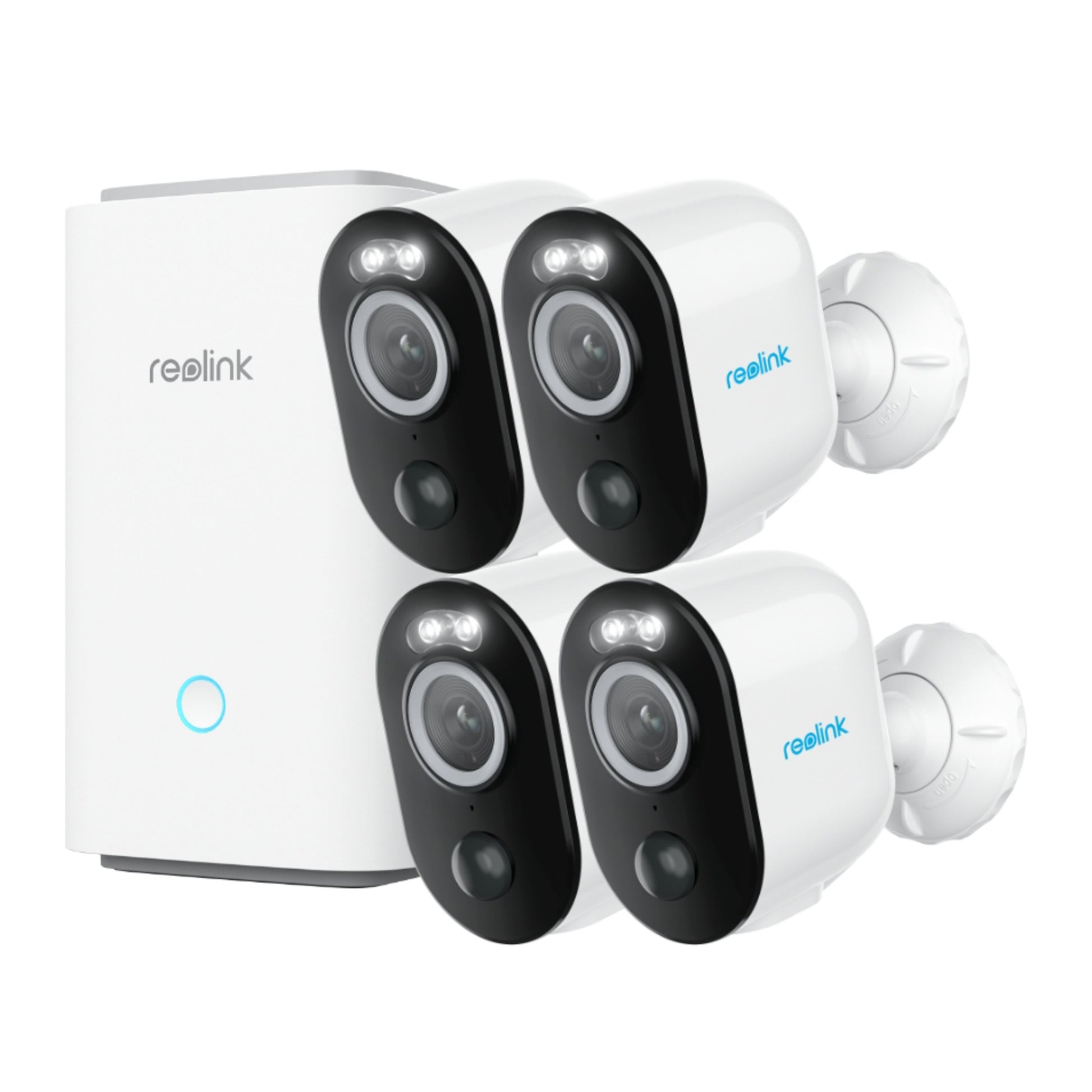 Reolink Home Hub med 4 Argus 3 Pro 2K kamera, hvid/sort, blå LED-indikator på hub.