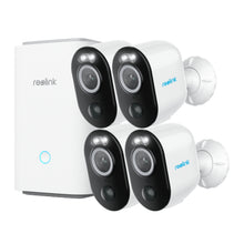 Reolink Home Hub med 4 Argus 3 Pro 2K kamera, hvid/sort, blå LED-indikator på hub.