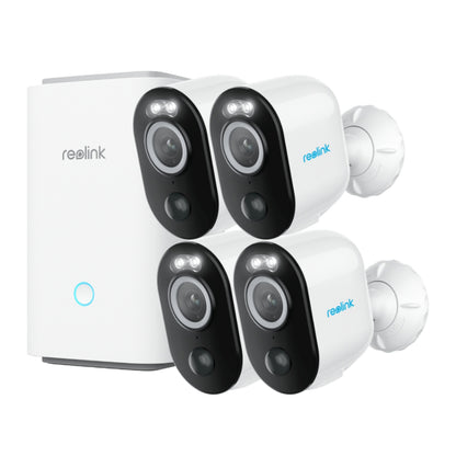Reolink Home Hub med 4 Argus 3 Pro 2K kamera, hvid/sort, blå LED-indikator på hub.