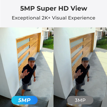 Argus 3 Pro 2K kamera sammenligner 5MP og 3MP billedkvalitet foran en trædør, tekst: 5MP Super HD-visning, 2K+.