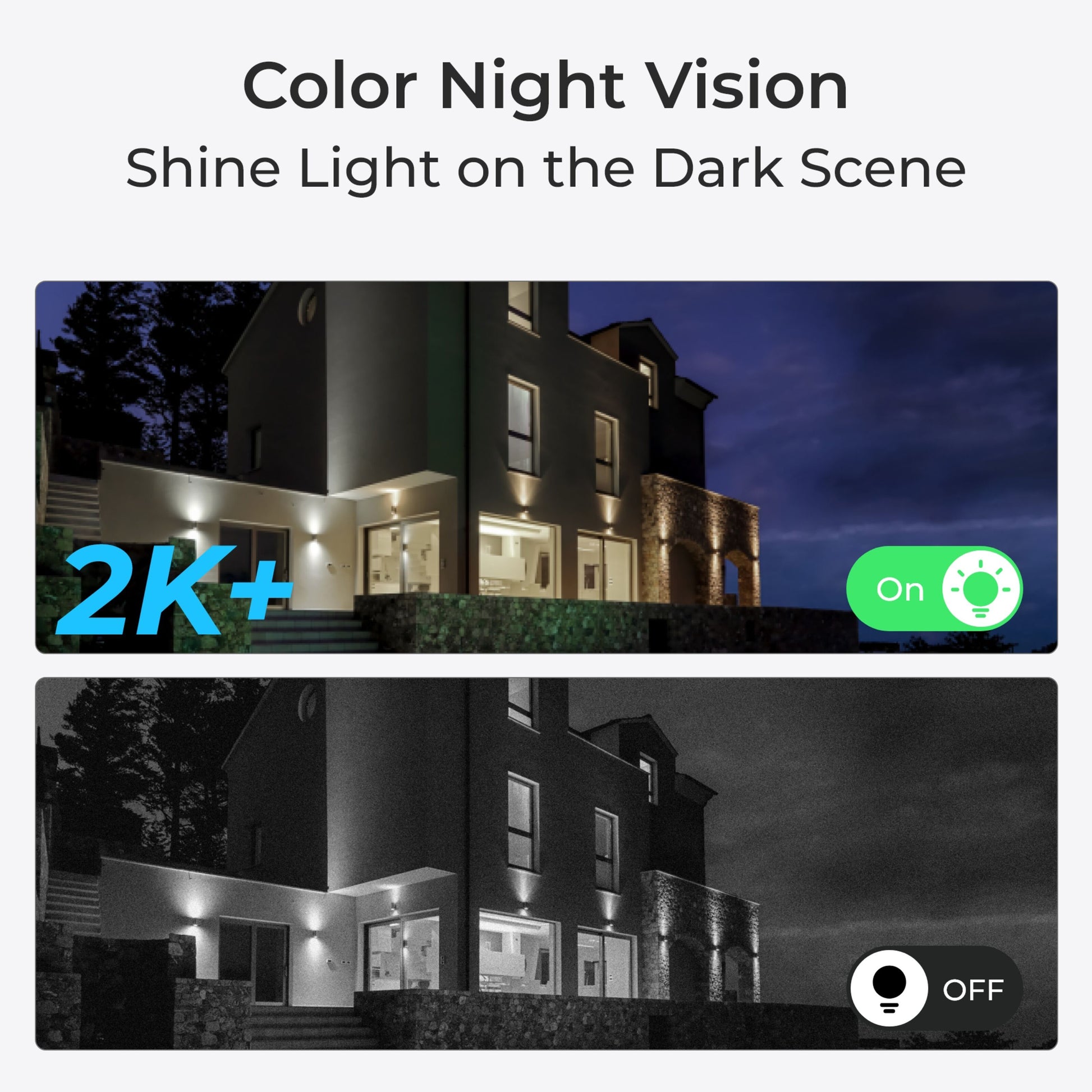 Reolink Home Hub med 4x Argus 3 Pro 2K-kamera, Color Night Vision, billede: natfarve vs. sort/hvid.