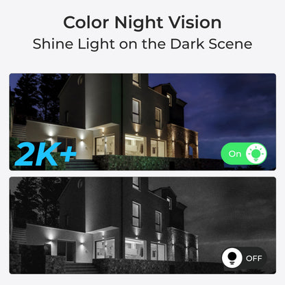 Reolink Home Hub med 4x Argus 3 Pro 2K-kamera, Color Night Vision, billede: natfarve vs. sort/hvid.