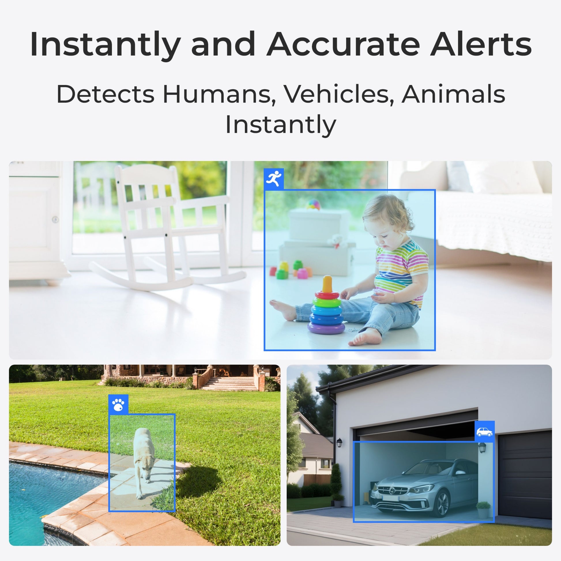 Reolink Home Hub 4x Argus 3 Pro 2K-kamera viser registrering af barn, hund og bil med blå bogse og ikonmarkeringer.