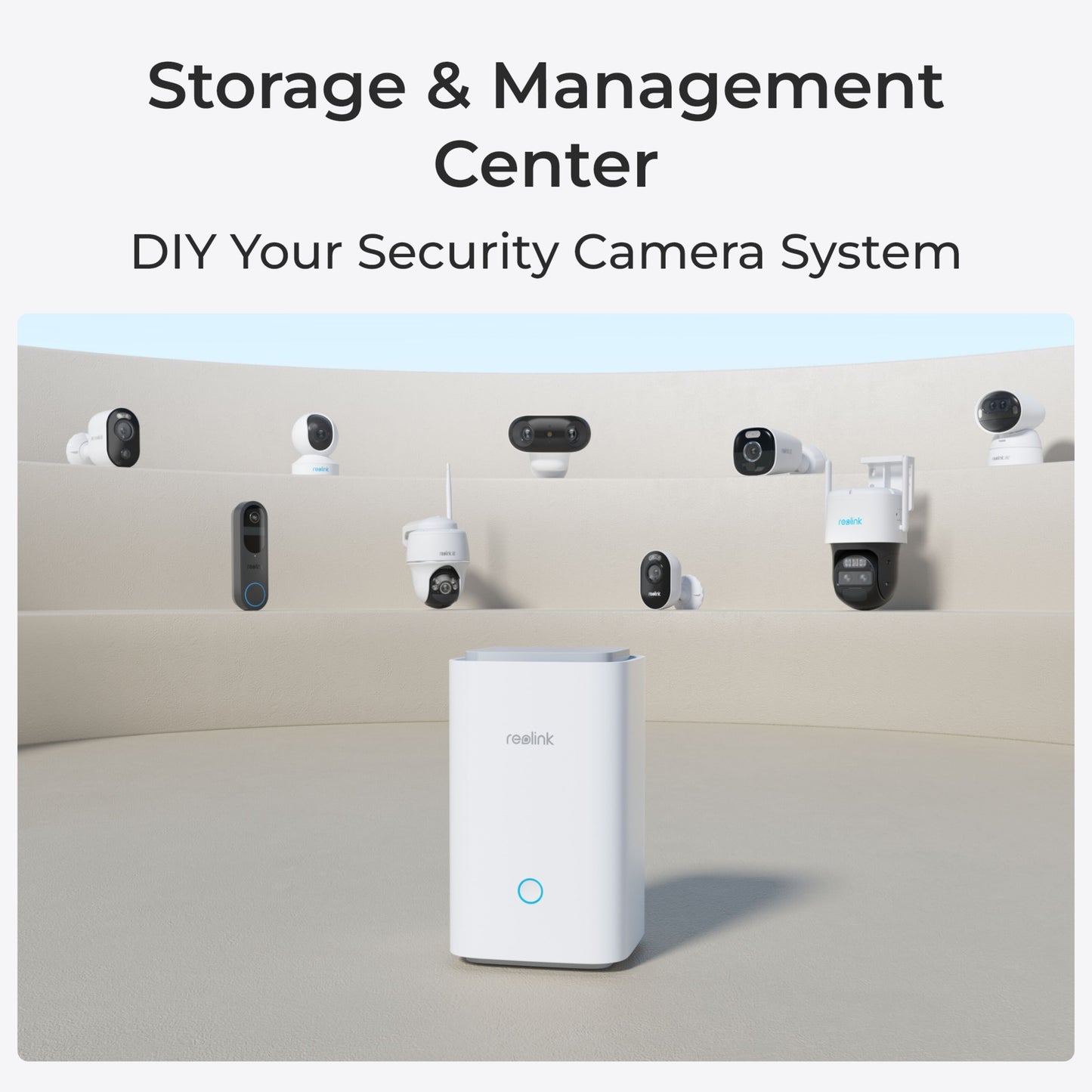 Reolink Home Hub med 4 Argus 3 Pro 2K-kameraer, tekst: Storage  Management Center, Gør-det-selv dit sikkerhedskamerasystem.