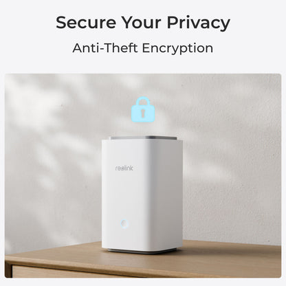 Reolink Home Hub med 4 Argus 3 Pro 2K-kamera, blåt hængelåsikon, tekst: Sikre dit privatliv og tyverisikringskryptering.