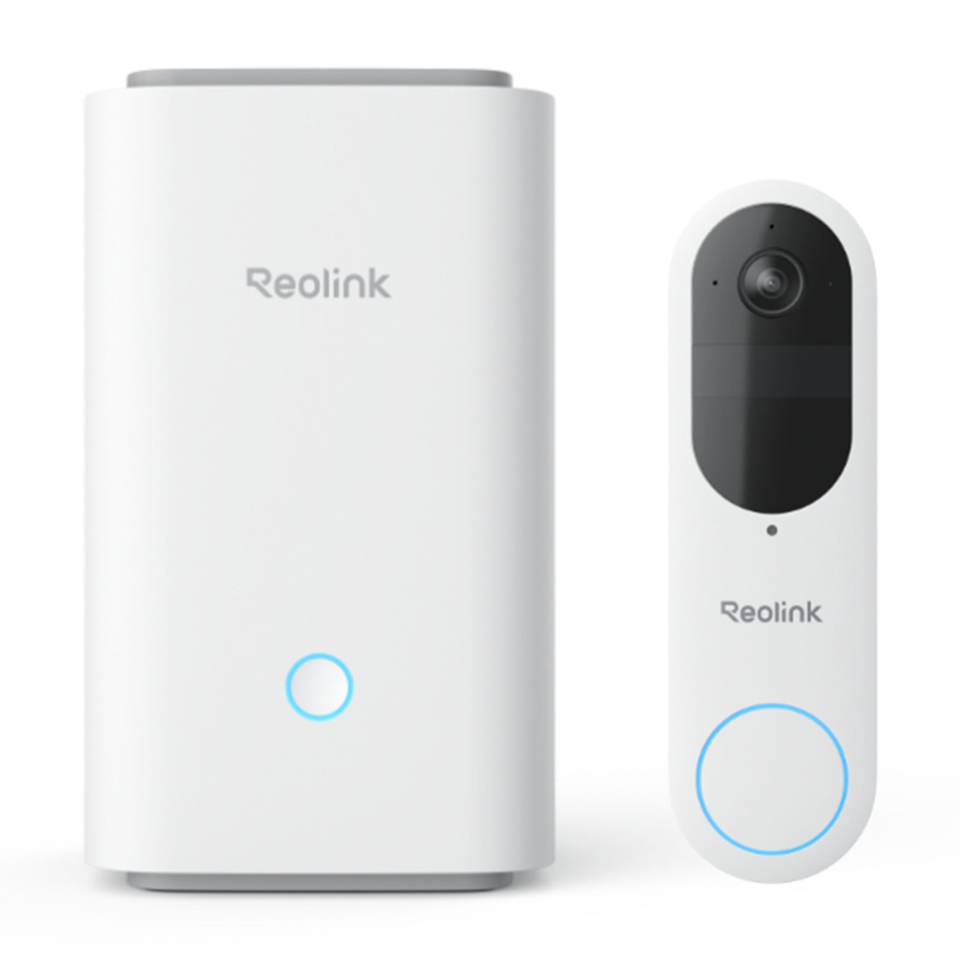 Reolink Smart video dørklokke med Home Hub, hvid, sort linse og rund knap, begge med blå statuslys.