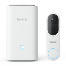 Reolink Smart video dørklokke med Home Hub, hvid, sort linse og rund knap, begge med blå statuslys.