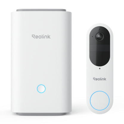 Reolink Smart video dørklokke med Home Hub, hvid, sort linse og rund knap, begge med blå statuslys.