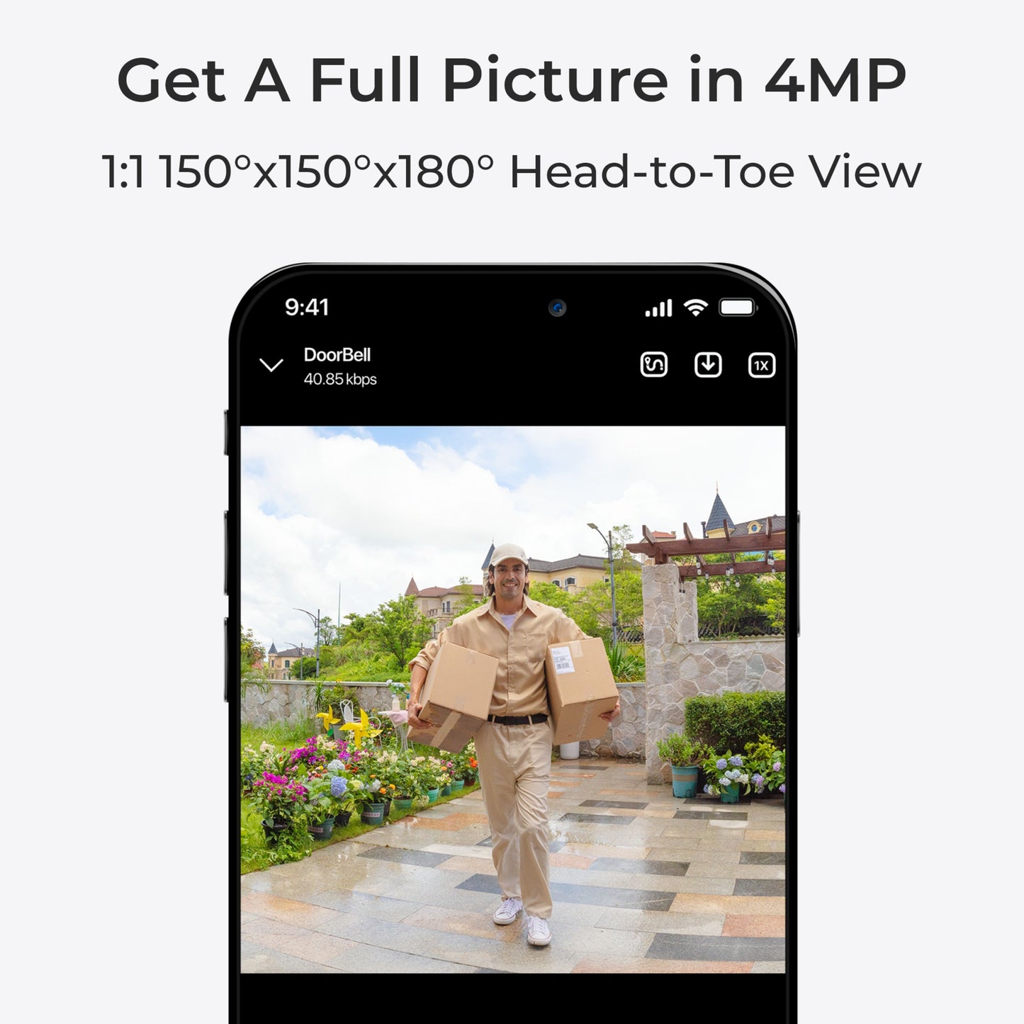 Reolink Smart video dørklokke med Home Hub vist på mobilskærm, 4MP, 1:1, tekst om head-to-toe view.