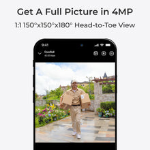 Reolink Smart video dørklokke med Home Hub vist på mobilskærm, 4MP, 1:1, tekst om head-to-toe view.