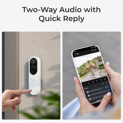 Reolink Smart video dørklokke med Home Hub og smartphone livevisning, to-vejs lyd med Hurtig Svar vist på skærmen.