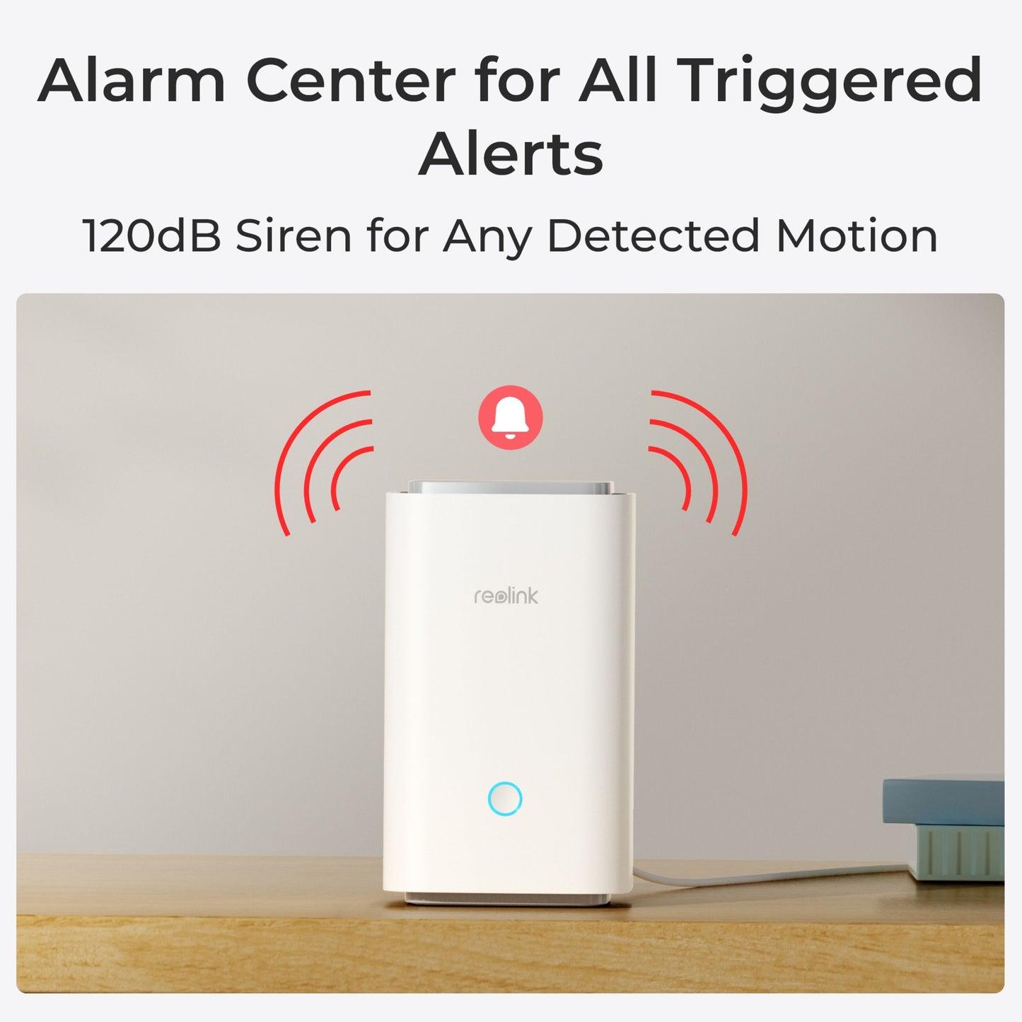 Reolink Smart video dørklokke med Home Hub, alarmcenter, 120dB sirene, tekst: Alarmcenter til alle udløste alarmer.