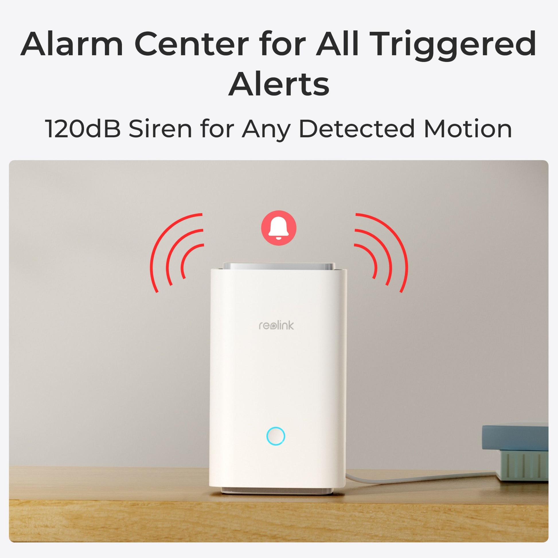 Reolink Smart video dørklokke med Home Hub, alarmcenter, 120dB sirene, tekst: Alarmcenter til alle udløste alarmer.