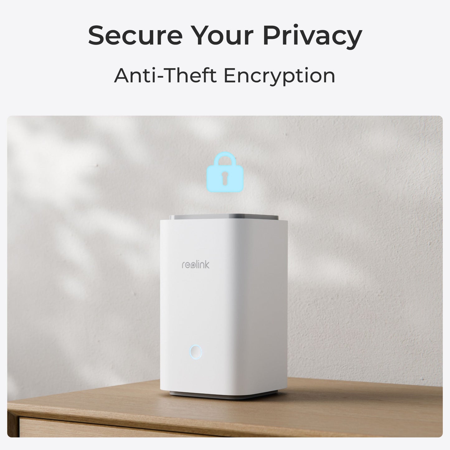 Reolink Smart video dørklokke med Home Hub, blåt låseikon, tekst: Beskyt dit privatliv, anti-tyveri kryptering.