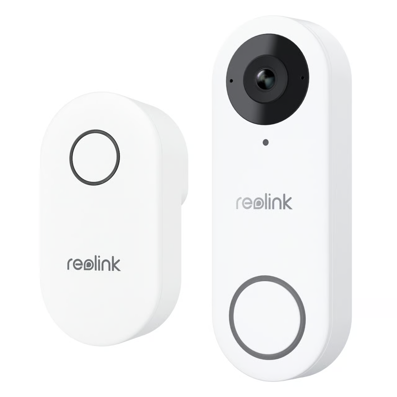Reolink D340W 2K video dørklokke og chime i hvid, bred vidvinkellinse, cirkulær knap, Reolink-logo foran.