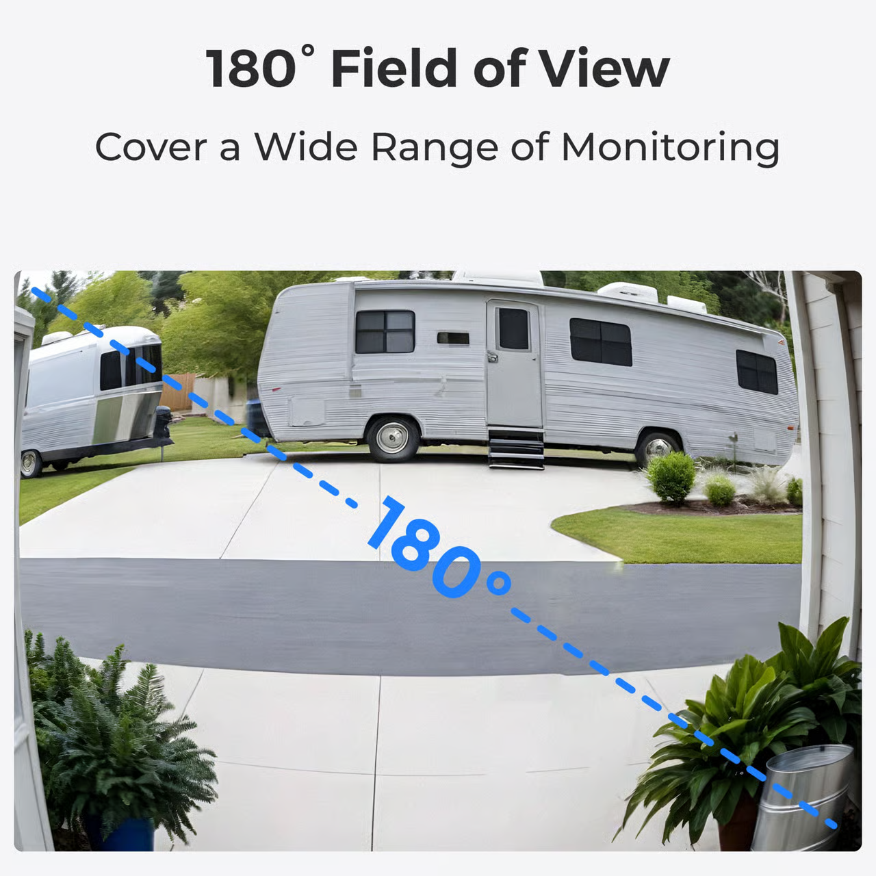 Reolink D340W 2K video dørklokke med 180° visning fanger til campingvogne, beplantning og facade.
