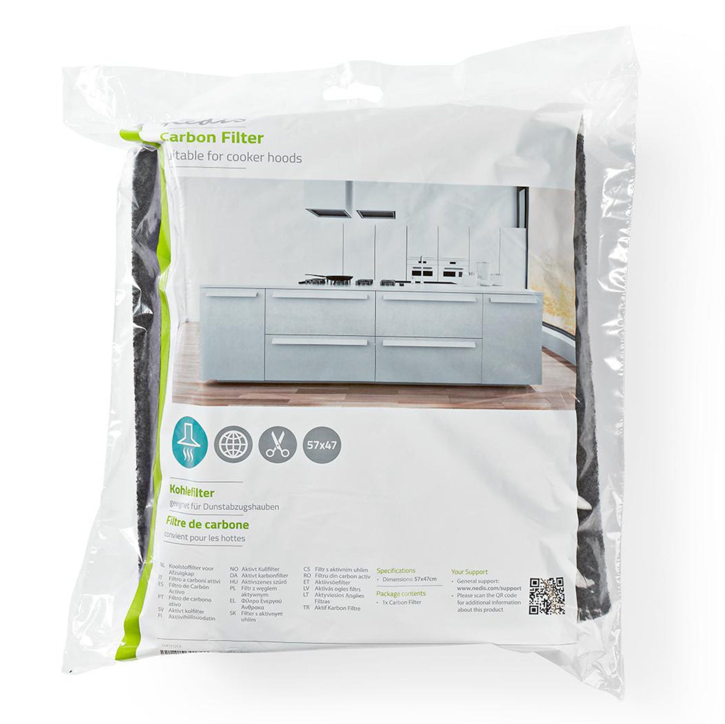 Nedis aktive kulfilter til emhætte 250 g/m² i klar plastpose 57x47 cm med flersproget label og køkkenmotiv.