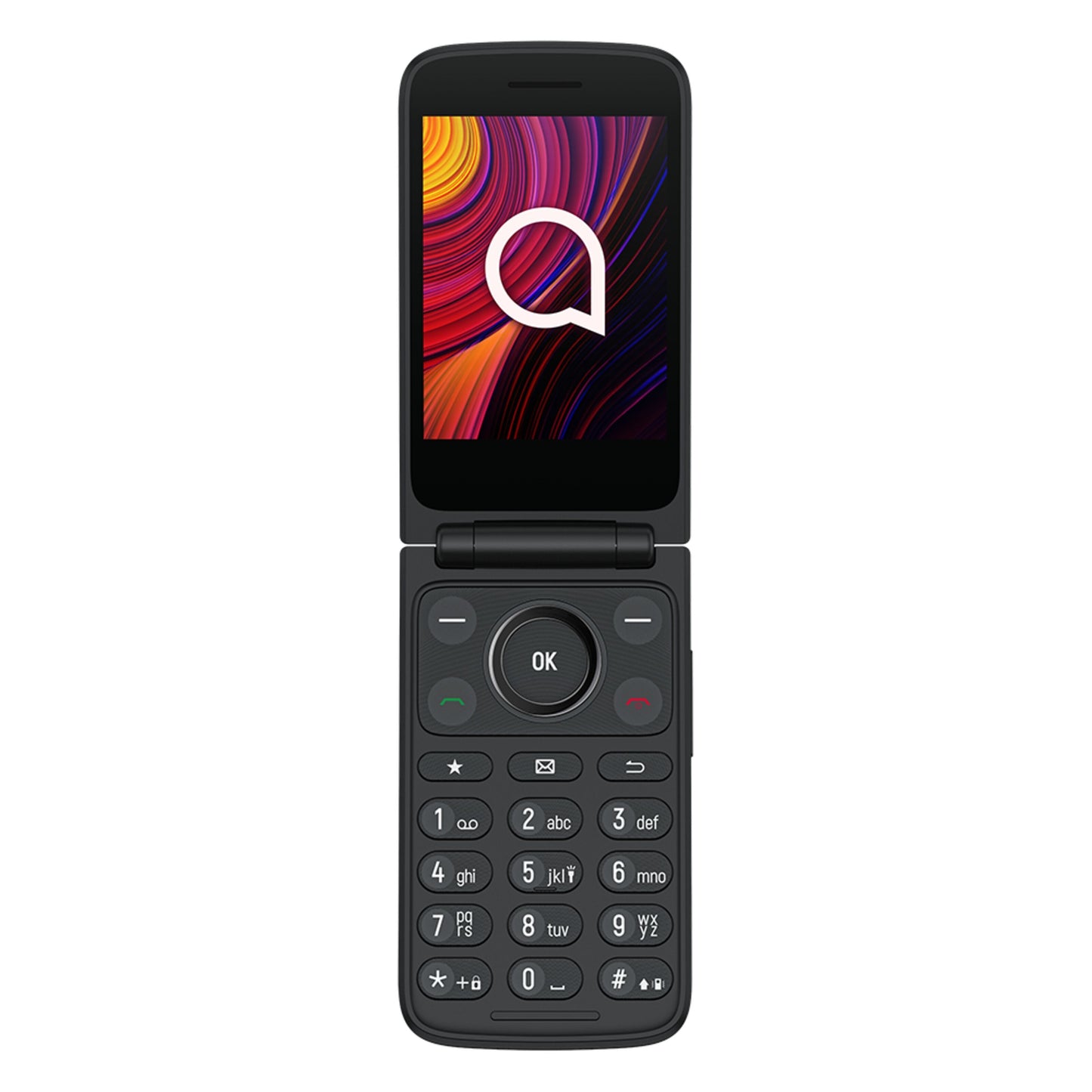 TCL Onetouch 4043 ECO sort klaptelefon, åben med farverig skærm, stort tydeligt tastatur og Dual SIM.