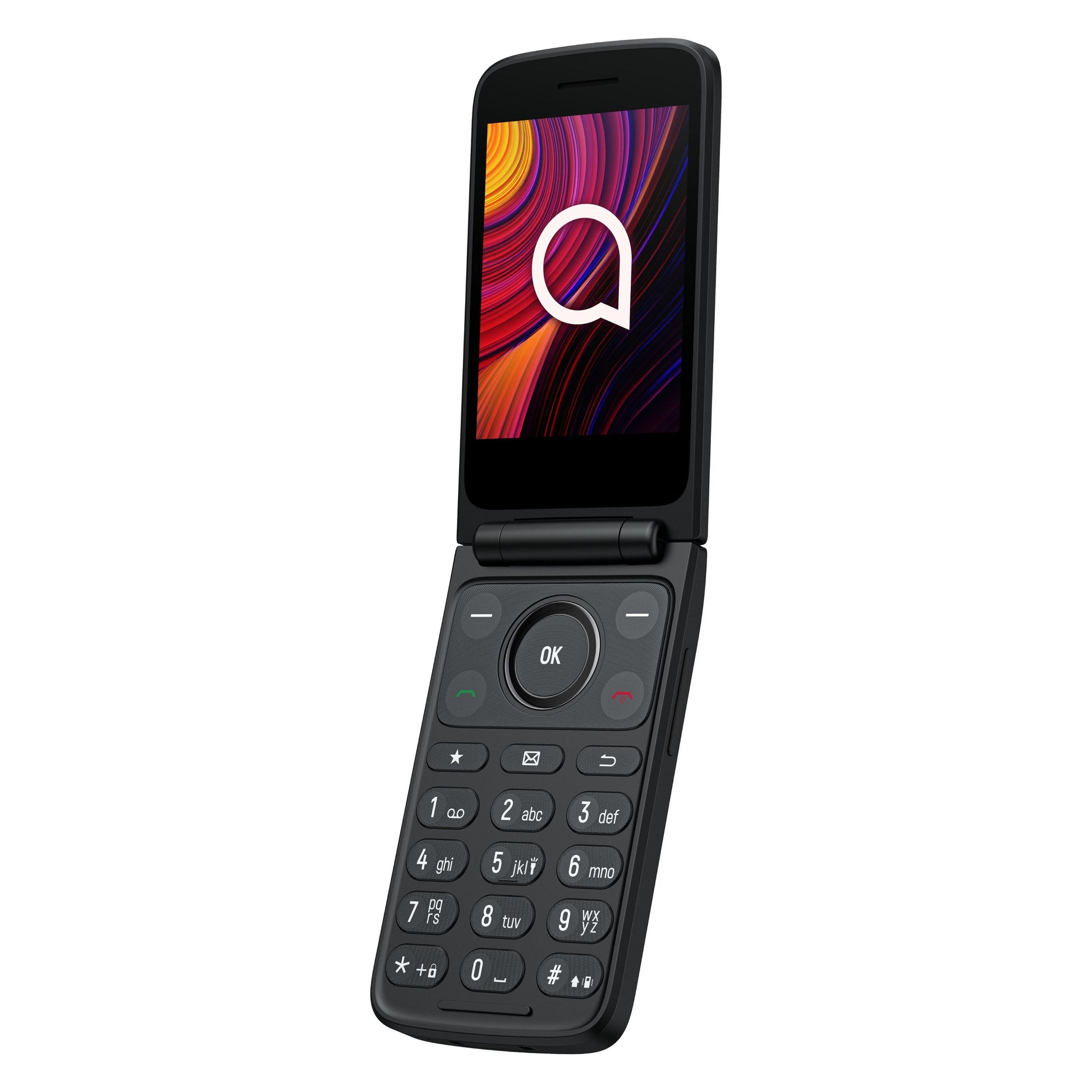 TCL Onetouch 4043 ECO sort flip phone, åben vinkel, med cirkulært mønstret skærm og tastatur, Dual SIM.
