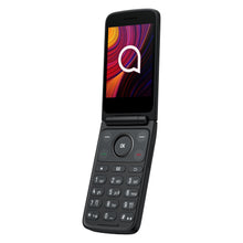 TCL Onetouch 4043 ECO sort flip phone, åben vinkel, med cirkulært mønstret skærm og tastatur, Dual SIM.