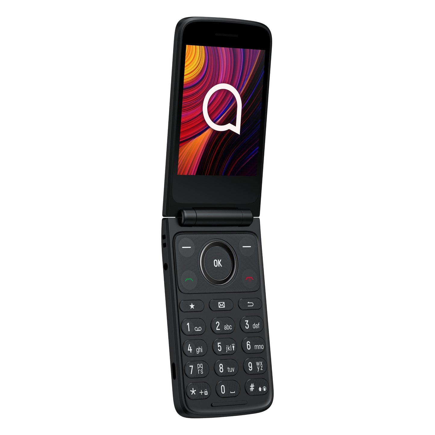 TCL Onetouch 4043 ECO sort klapmobil, stor skærm med abstrakt design og bogstavet "a", keypad, dual SIM.