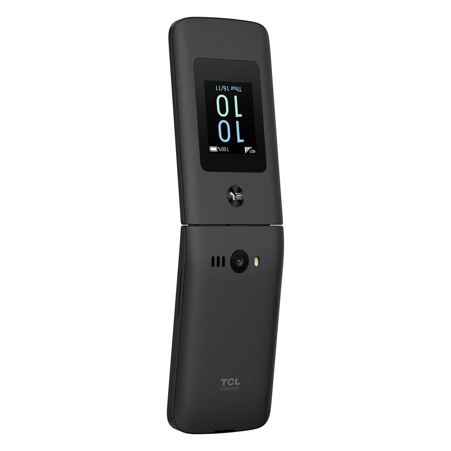 TCL Onetouch 4043 ECO sort klaptelefon, ekstern skærm med ikoner, kamera, flash, højttaler, Dual SIM, TCL-logo bagpå.