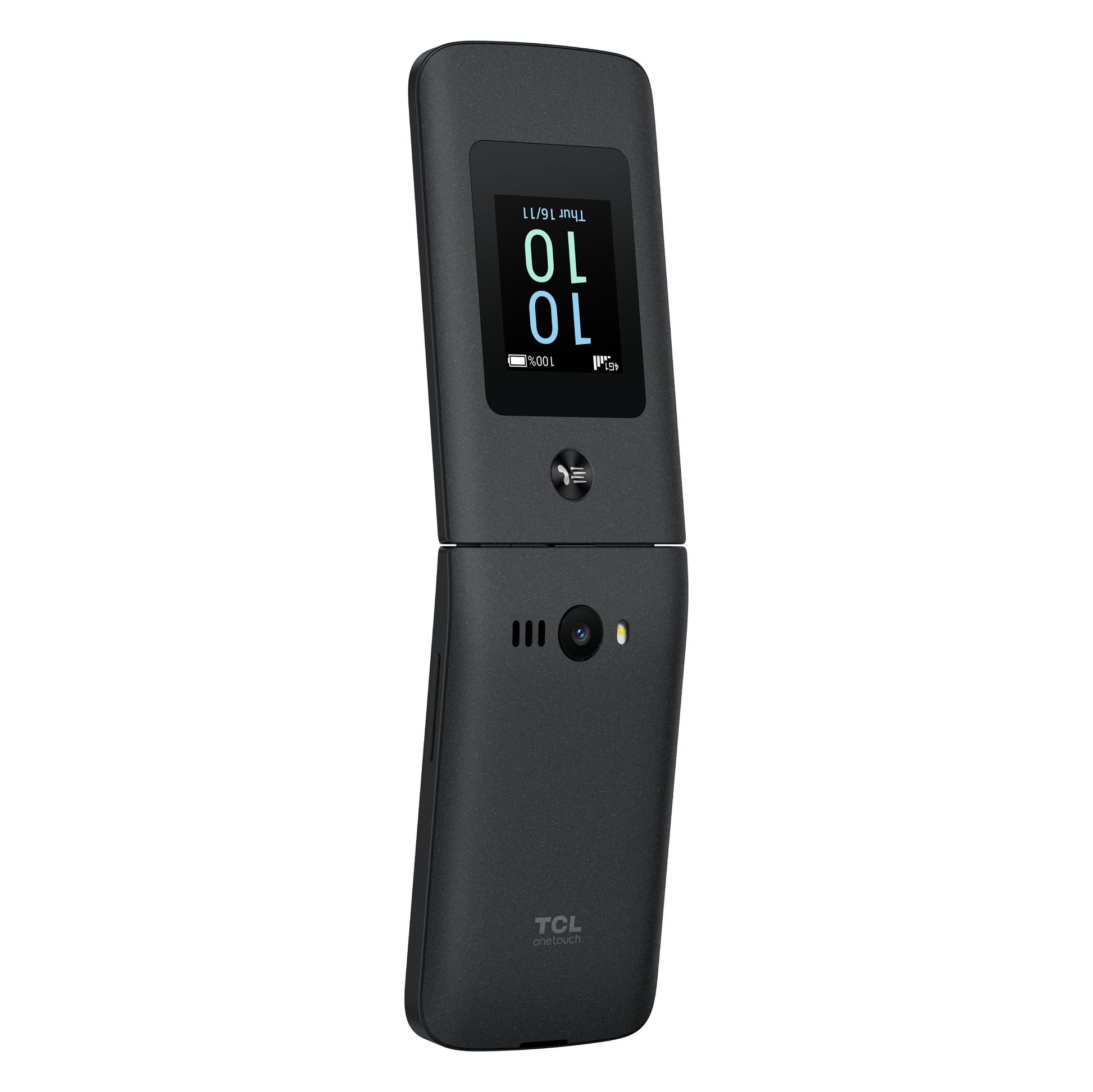 TCL Onetouch 4043 ECO sort klaptelefon, ekstern skærm med ikoner, kamera, flash, højttaler, Dual SIM, TCL-logo bagpå.