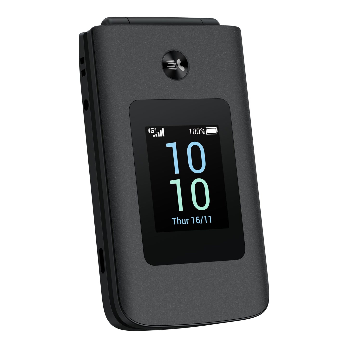 TCL Onetouch 4043 ECO sort klaptelefon, Dual SIM, lille ekstern skærm med tid 10:10, batteri/signal og dato 16/11.