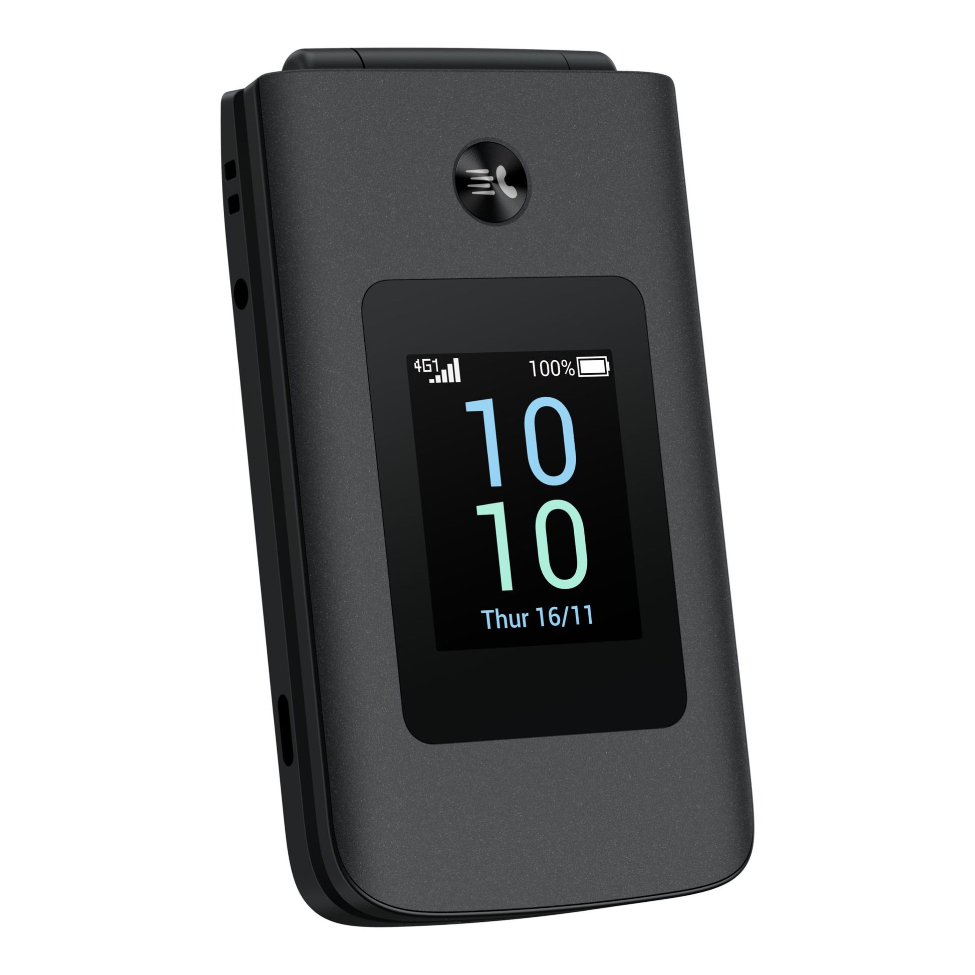 TCL Onetouch 4043 ECO sort klaptelefon, Dual SIM, lille ekstern skærm med tid 10:10, batteri/signal og dato 16/11.