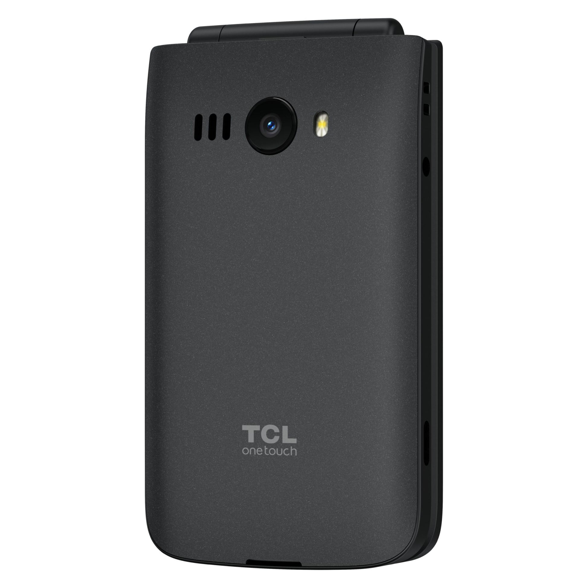 TCL Onetouch 4043 ECO sort klaptelefon sæt bagfra med kamera, blitz, højttaler og TCL-logo på mat overflade.