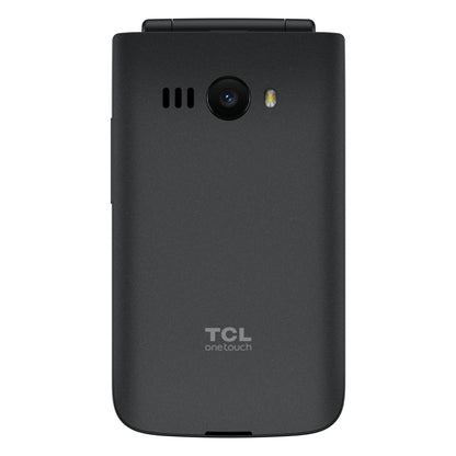 TCL Onetouch 4043 ECO sort fliptelefon, bagside med kamera, flash, højttalergrill, Dual SIM og TCL-logo nederst.