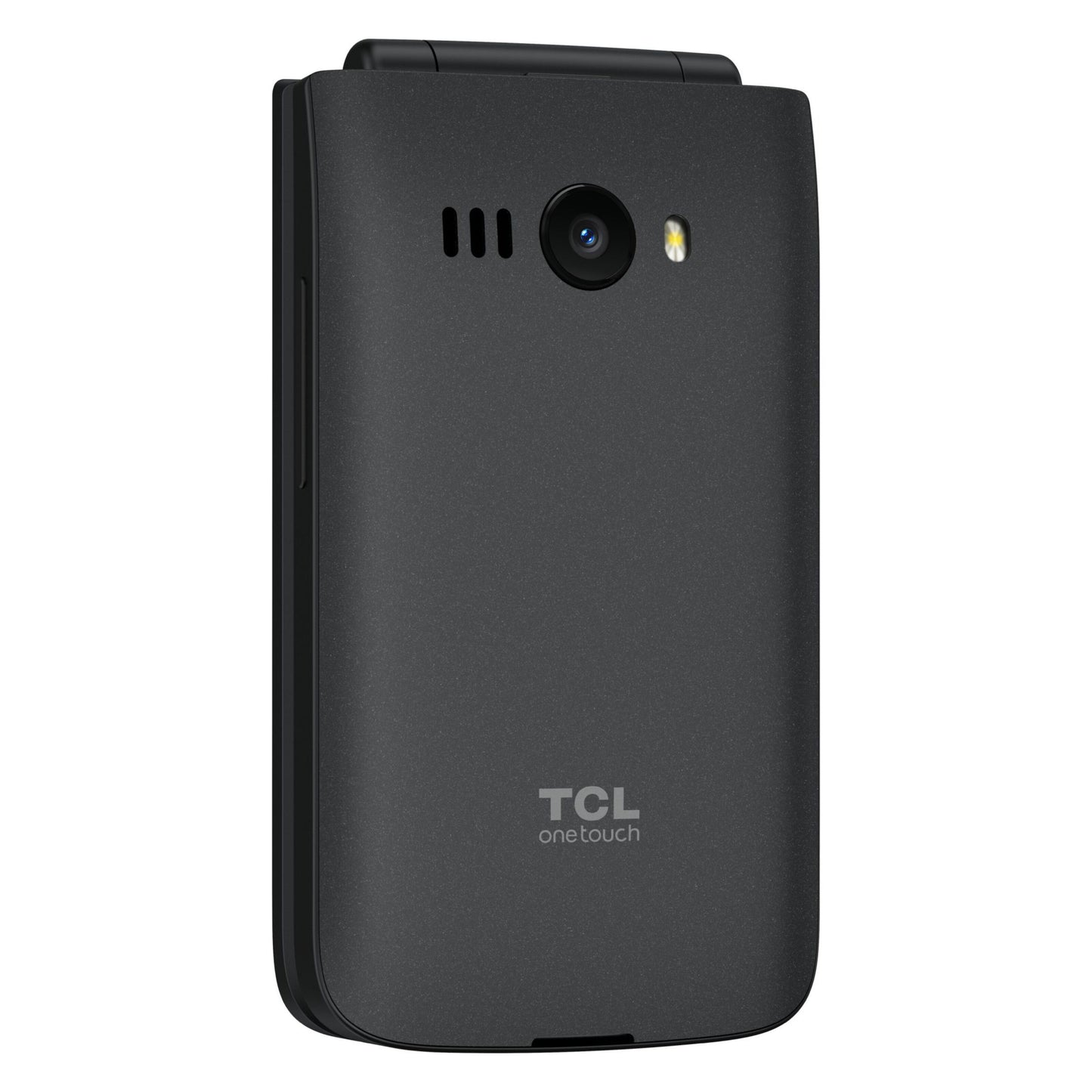 TCL Onetouch 4043 ECO sort klaptelefon, bagside med kamera, blitz, højtalerhuller, TCL One Touch-logo, dual SIM.