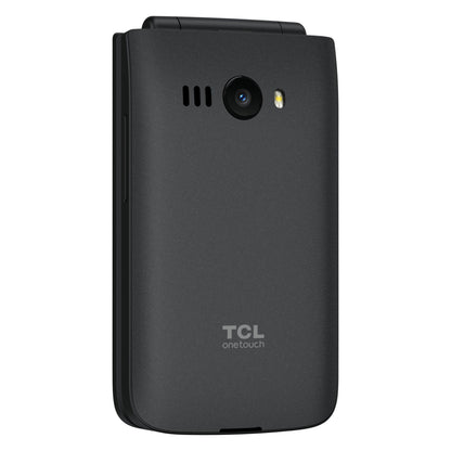 TCL Onetouch 4043 ECO sort klaptelefon, bagside med kamera, blitz, højtalerhuller, TCL One Touch-logo, dual SIM.