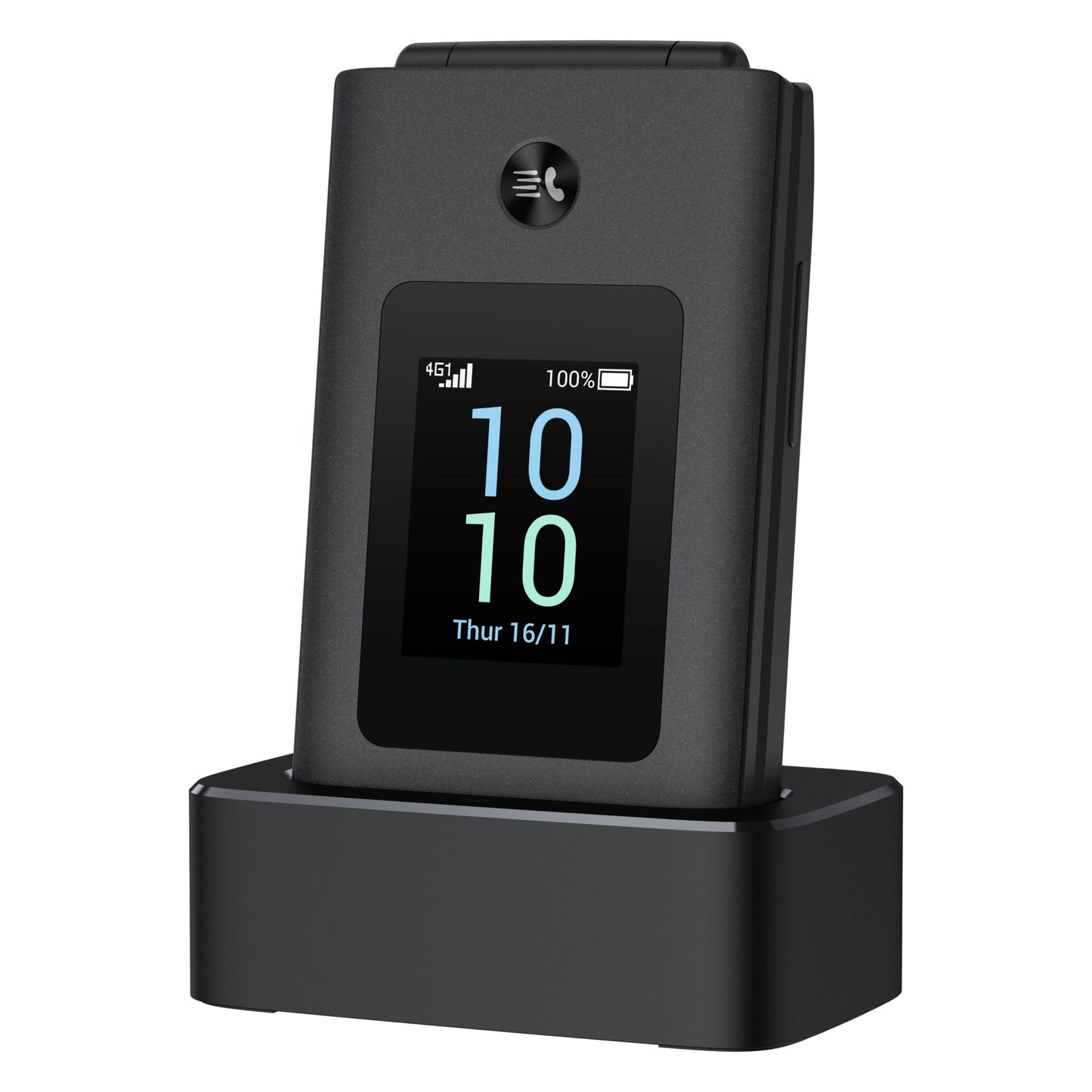 TCL Onetouch 4043 ECO sort klaptelefon, står i dock, ekstern skærm viser tid, dato, signal, batteri og Dual SIM.