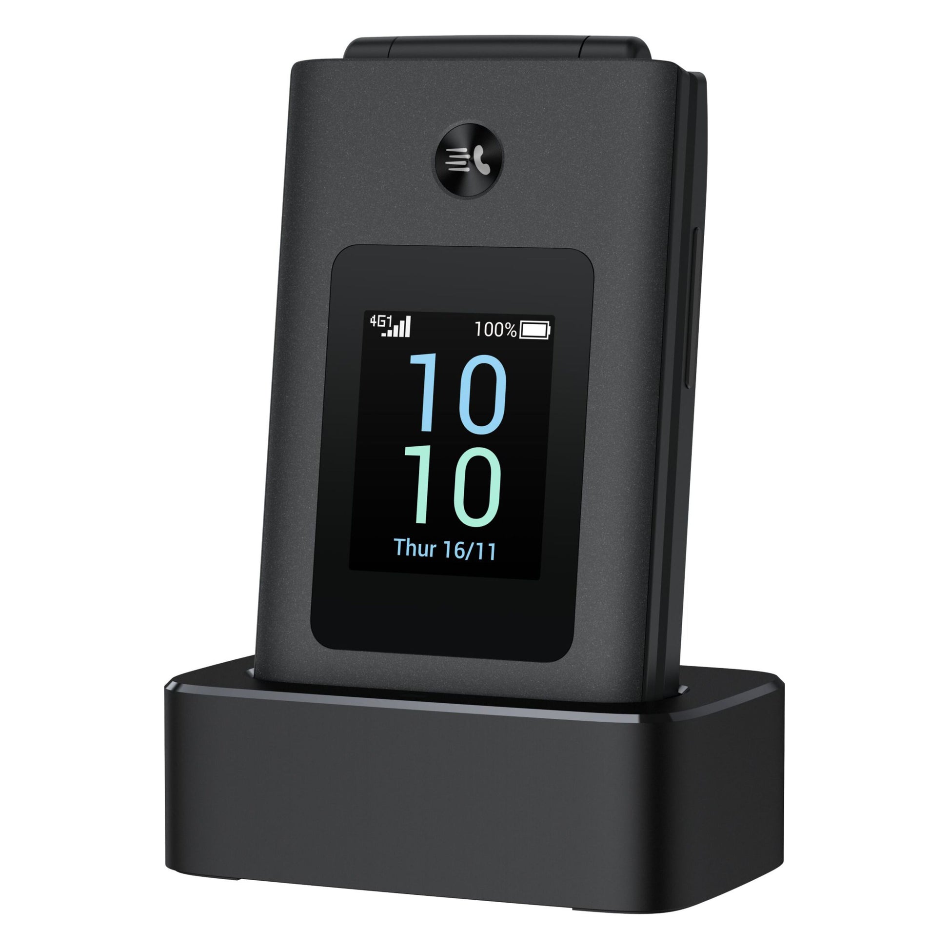 TCL Onetouch 4043 ECO sort klaptelefon, står i dock, ekstern skærm viser tid, dato, signal, batteri og Dual SIM.