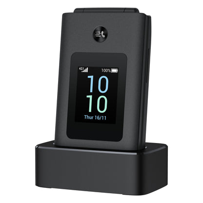 TCL Onetouch 4043 ECO sort klaptelefon, står i dock, ekstern skærm viser tid, dato, signal, batteri og Dual SIM.