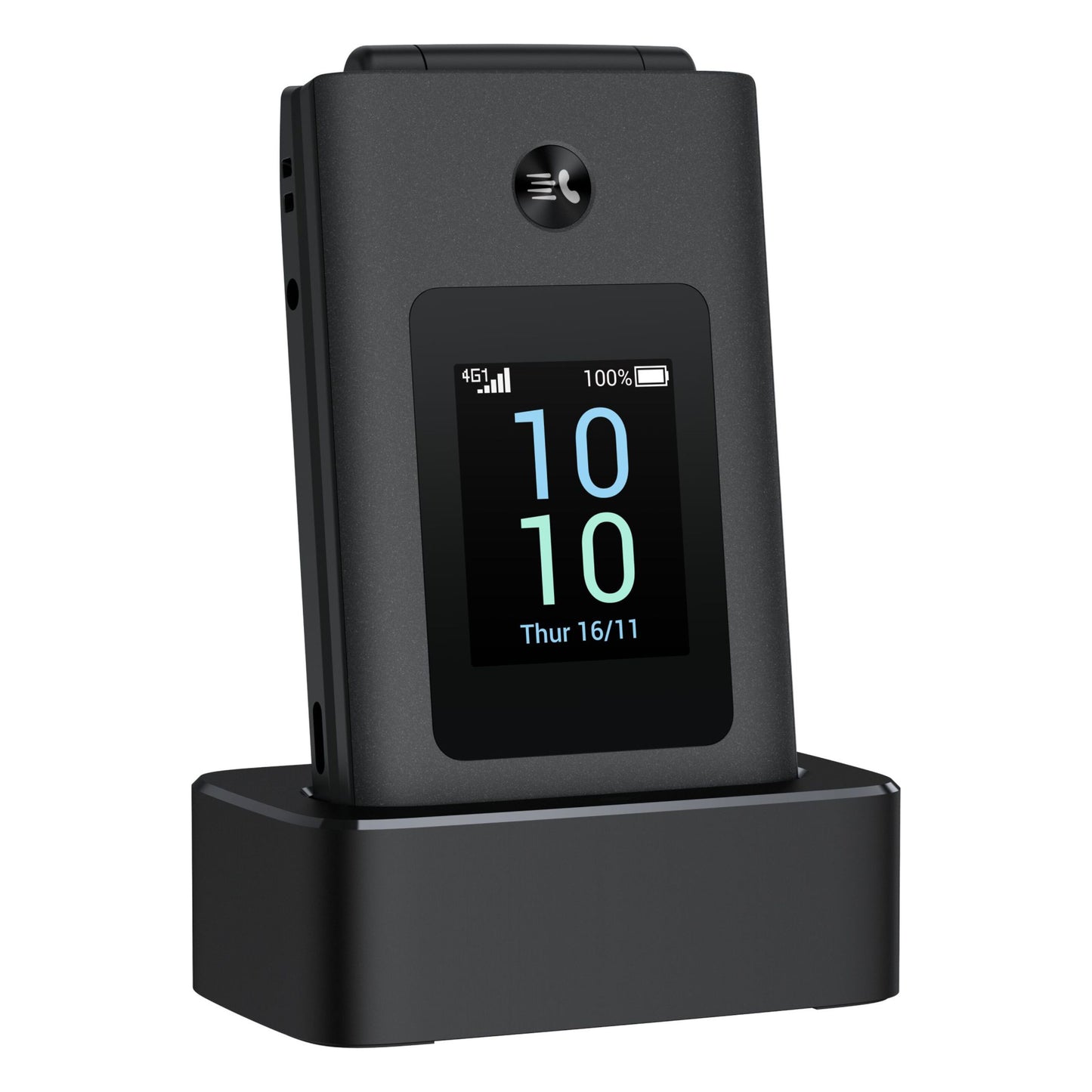 TCL Onetouch 4043 ECO sort klaptelefon i ladestation, farveskærm viser tid, dato, signal og batteri, kamera over display.