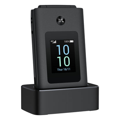 TCL Onetouch 4043 ECO sort klaptelefon i ladestation, farveskærm viser tid, dato, signal og batteri, kamera over display.