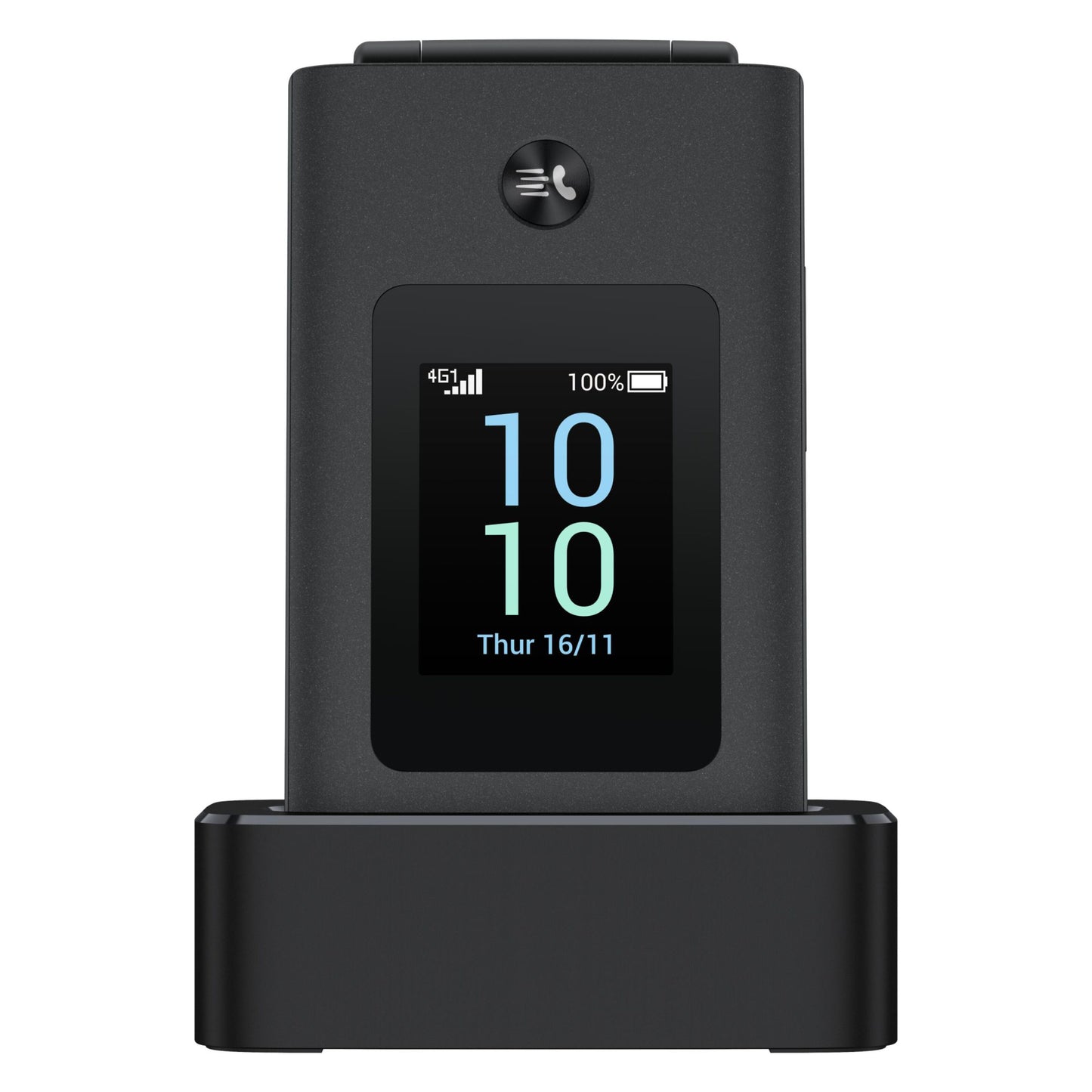 TCL Onetouch 4043 ECO sort klaptelefon med Dual SIM, lille digital skærm, tid/dato/batteri/signal i opladestander.