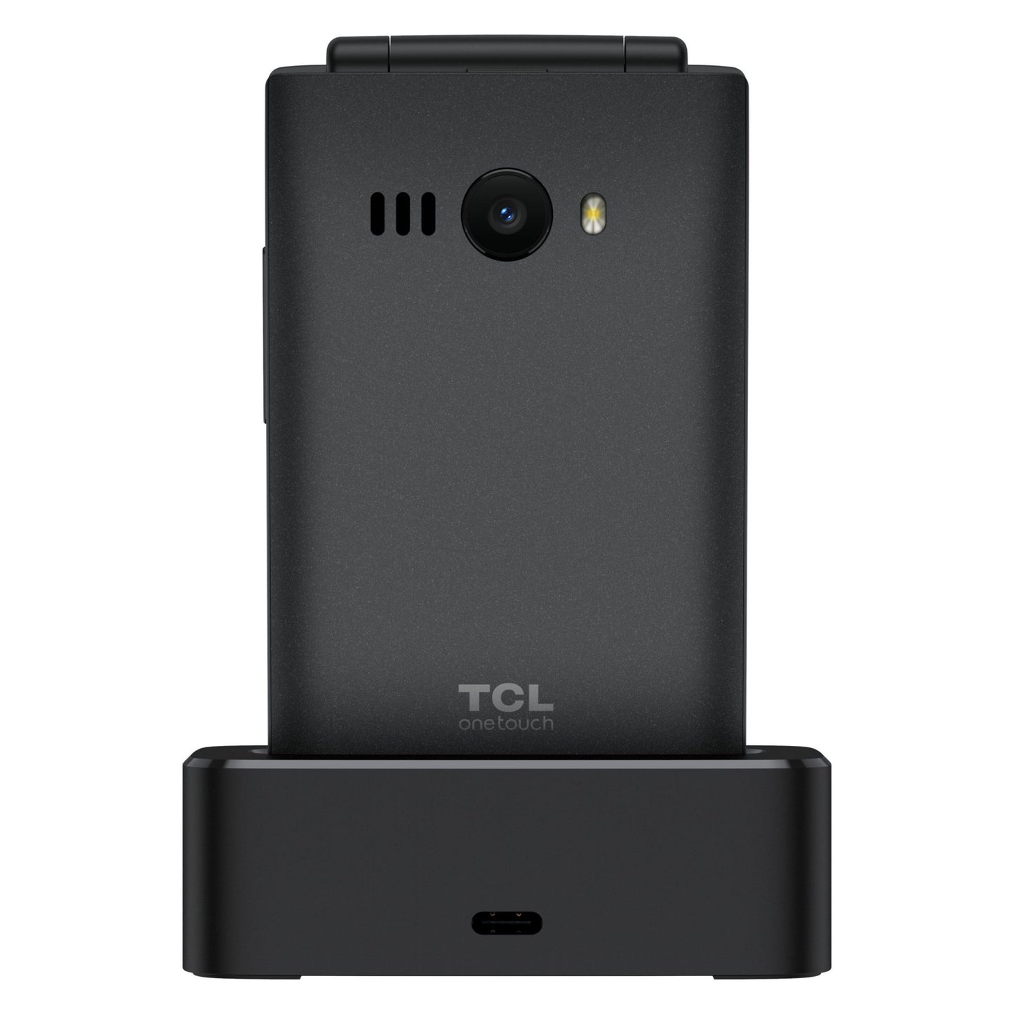 TCL Onetouch 4043 ECO sort klaptelefon i oplader med synlig kamera, blitz og højttaler bagpå.