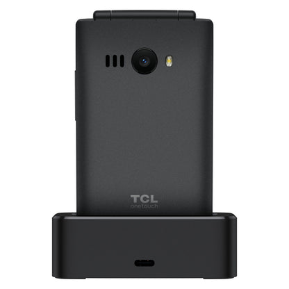 TCL Onetouch 4043 ECO sort klaptelefon i oplader med synlig kamera, blitz og højttaler bagpå.
