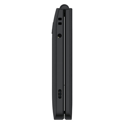 Sort klaptelefon sæt fra siden med hængsel, USB-C-port og hovedtelefonstik, model 4043 ECO.