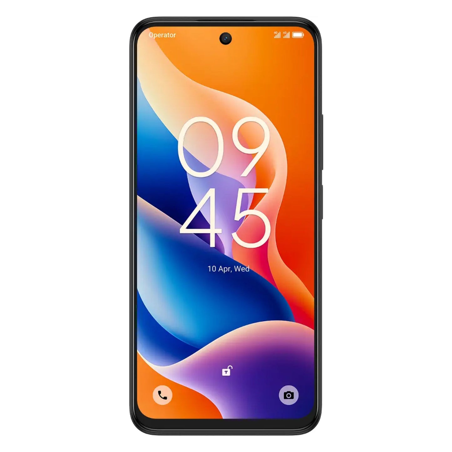 TCL 605 (2025) smartphone 256GB sort ramme, abstrakt baggrund, 09:45, 10 Apr Wed, telefon/kamera/låsikoner, 50MP kamera.